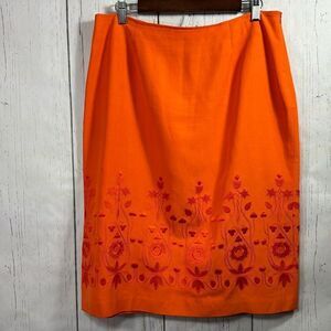 Sandra King Silk Linen Blend Embroidered Boho Casual Orange Womens Midi Skirt